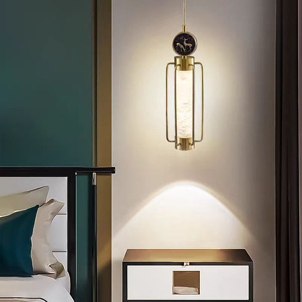 Chinese Style Brass Pendant Light with Alabaster Shade and Deer Carving