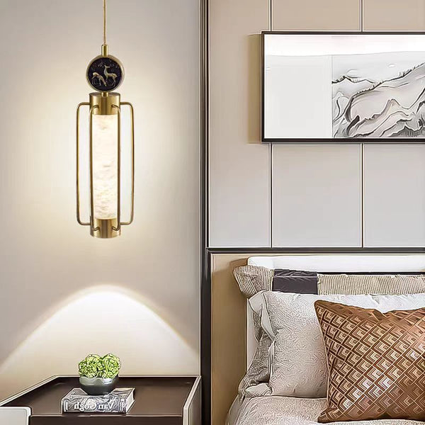 Chinese Style Brass Pendant Light with Alabaster Shade and Deer Carving