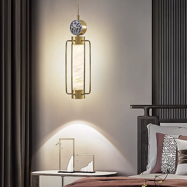 Chinese Style Brass Pendant Light with Alabaster Shade and Deer Carving