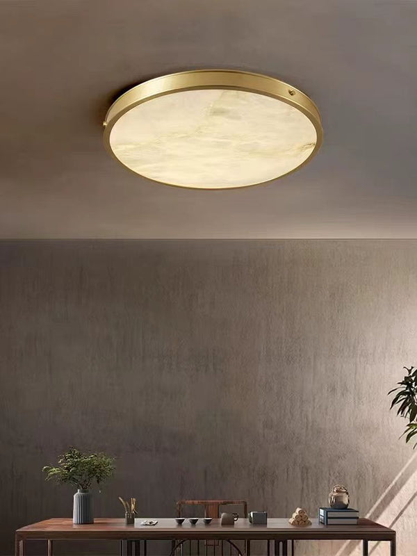 Modern Chinese Brass Flush Mount Ceiling Light with Natural Alabaster Shade