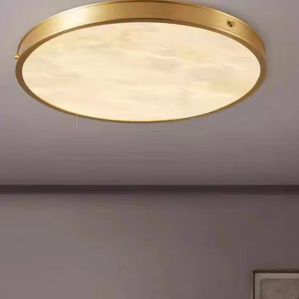 Modern Chinese Brass Flush Mount Ceiling Light with Natural Alabaster Shade