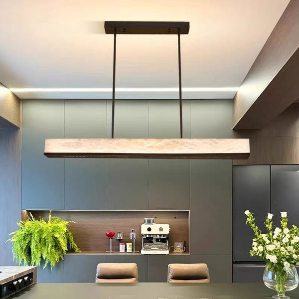 Modern Linear Brass Pendant Light with Natural Alabaster Shade