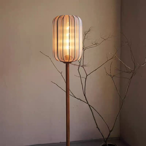Wabi-Sabi Chinese Style Floor Lamp with Brass Frame and Fabric Shade