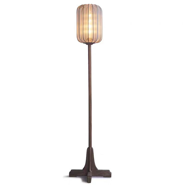 Wabi-Sabi Chinese Style Floor Lamp with Brass Frame and Fabric Shade
