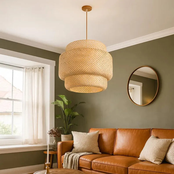 A Simple Bamboo Pendant Lamp In The Style Of A Farmhouse Made Of Bamboo And Rattan
